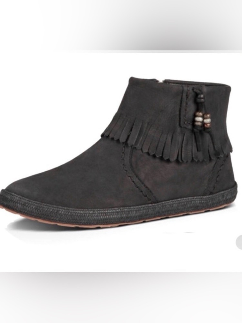 Discontinued UGG Black Leather Fringe & Beaded Ankle Booties Moccasin (6.5)